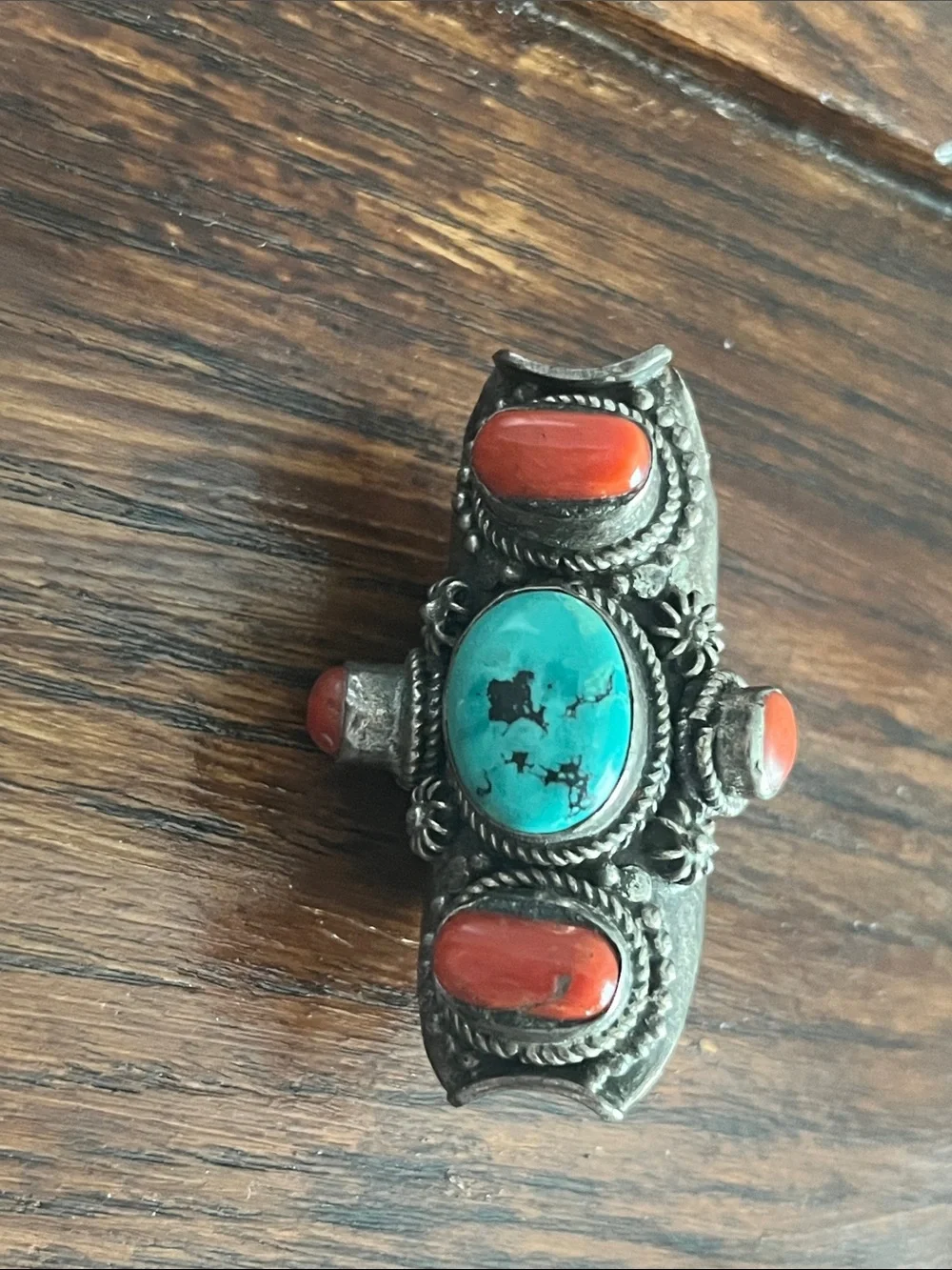 Tibetan 925 Silver Saddle Ring - Turquoise and Coral